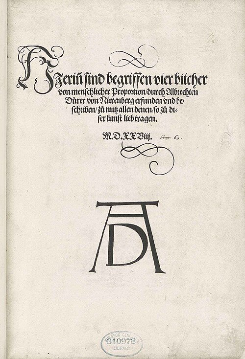 Vier Bücher von menschlicher のタイトルページ、アーティストのモノグラム署名を示すプロポーション