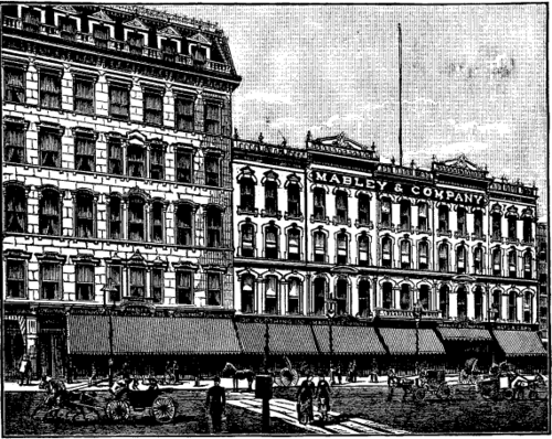 CRメイブリー＆カンパニービル、1876年築、ウッドワード通りの東側。右側の建物群は現在も残っており、金融街の一部となっている。