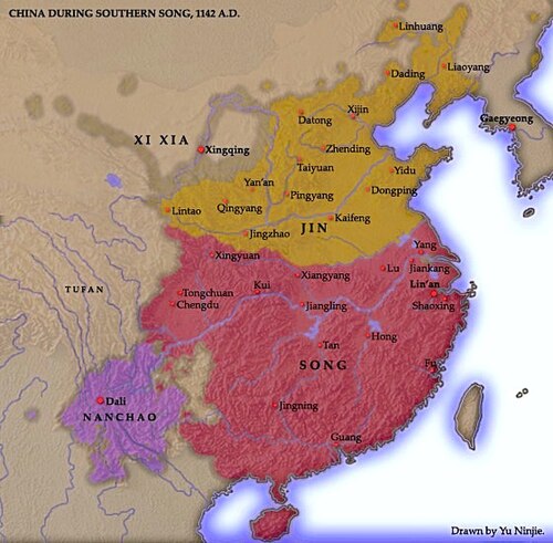 金に敗北した後の宋王朝の領土を示す地図。西と南の境界は前の地図から変わっていませんが、宋王朝の以前の領土の北端の 3 分の 1 は現在金の支配下にあります。夏王朝の領土は変わっていません。南西部では、宋王朝は南朝という、その 6 分の 1 ほどの面積の領土と接しています。