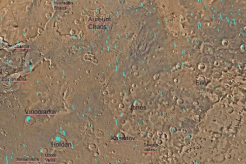 主要な特徴がラベル付けされた Margaritifer Sinus 四角形の地図。Aureum Chaos は地図の上部近くにあります。