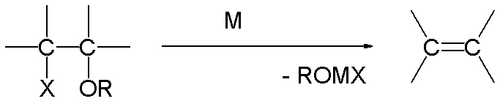 ボルドオレフィン合成、X = Br、I、M = Mg、Zn