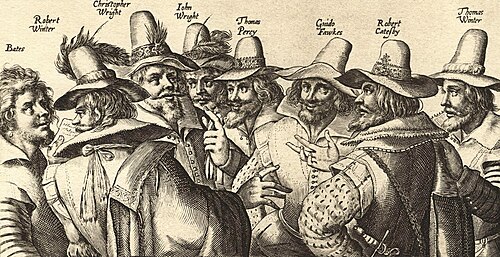17世紀の服装をした8人の男性を描いたモノクロの版画。全員が髭を生やしており、議論を交わしているように見える。