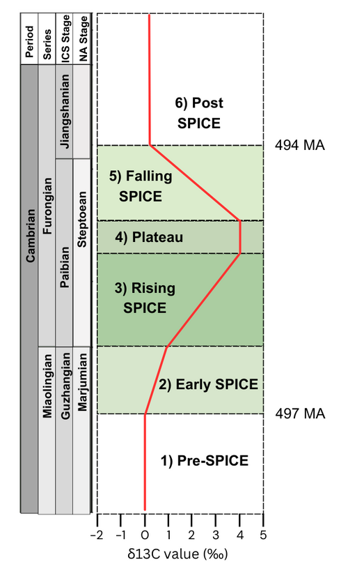 SPICE の 6 つの段階 (SPICE 前、SPICE 初期、SPICE 上昇、プラトー、SPICE 下降、SPICE 後) を示す図。グラフの線は、δ13C の値が各段階でどのように変化するかを示しています。