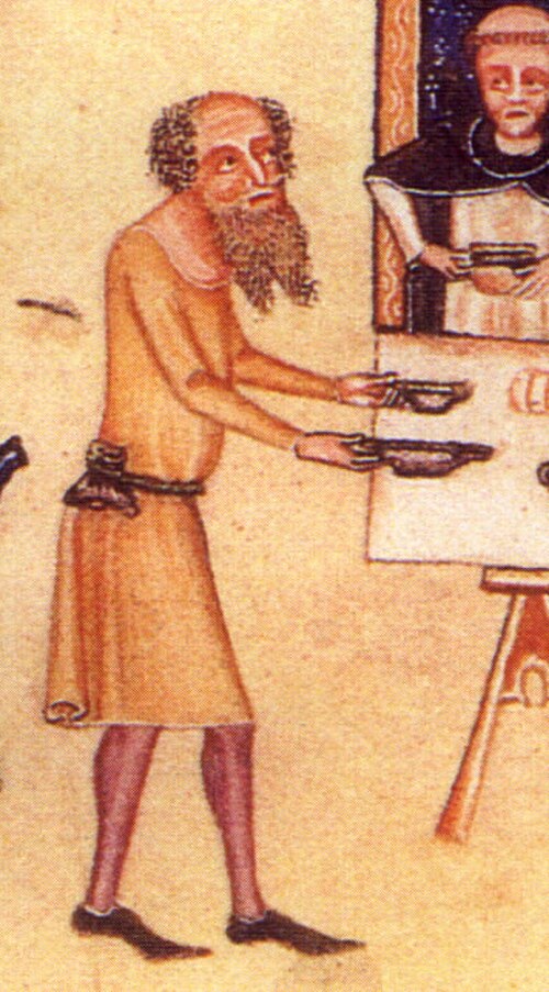 1325年から1335年の間に描かれた、スカートをはいた衣服を着たイギリス人男性を描いた挿絵。