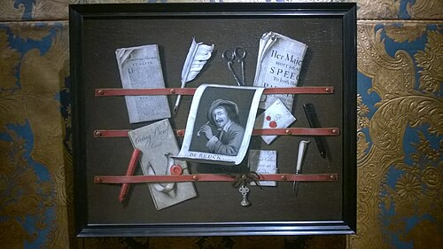 レターラックを描いたトロンプルイユの静物画（54 x 67.3 cm）には、スタヴェレヌスの版画が使用されている。