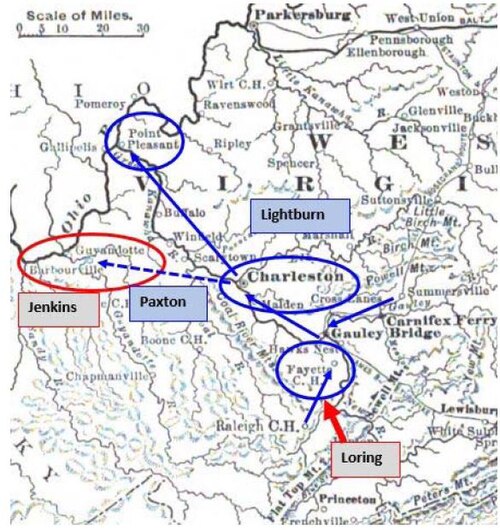 北軍と南軍の位置を示す古い地図