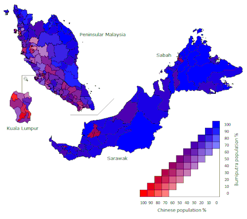 マレーシア各地のブミプトラと中国系住民の割合を示す地図