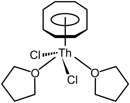 (η8-C8H8)ThCl2(THF)2のピアノスツール分子構造