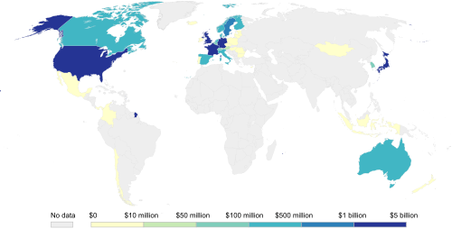 米国、欧州各国、日本がグリーン気候基金に最も多く拠出したことを示す地図