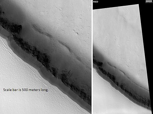 HiRISE から見たオリンポス山の断崖。スケール バーの長さは 500 メートルです。