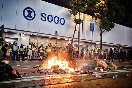 抗議者たちが防衛線として放った火