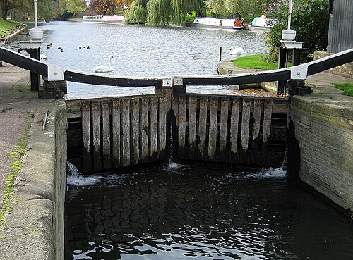 イギリス、ケンブリッジのカム川にあるビーム式水門、ジーザス・ロックの上部ゲート。