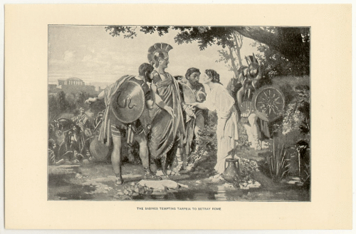 エレーヌ・アデリーヌ・ゲルベール著『ローマ人の物語』（1896年）の挿絵には、タルペイアがタティウスと共謀する様子が描かれている。