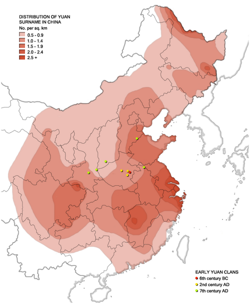 中国東部の地図。中央部、東部、北東部にこの姓が集中している様子を示しています。