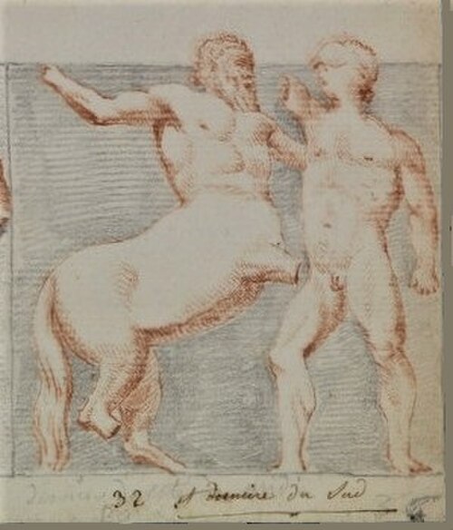 人間とケンタウロスの戦いを描いた古代の絵。