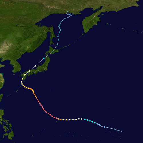 熱帯低気圧の進路を色付きの点で表した地図。各点の位置は 6 時間間隔での嵐の位置に対応し、各点の色はその位置での嵐の強さを示します。