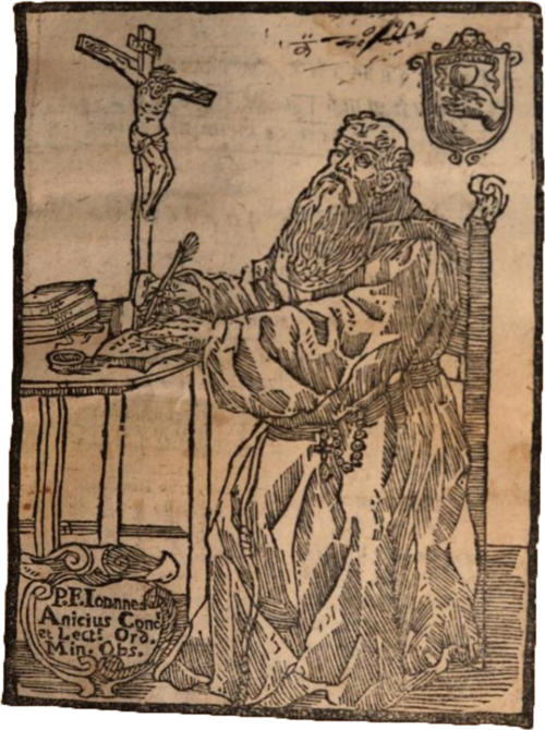 17世紀の木版画。十字架のある机で執筆する髭を生やした修道士を描いたもの。