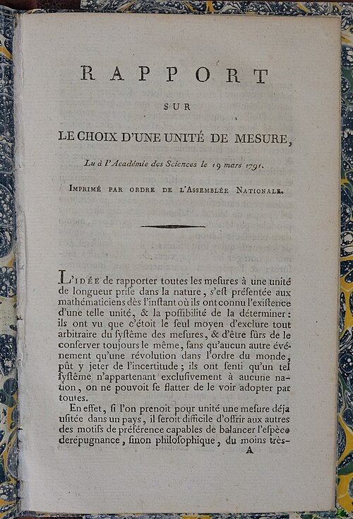 コンドルセとジャン＝シャルル・ド・ボルダによる「Rapport sur le choix d'une unite de mesure」の 1791 年のコピーの 1 ページ目