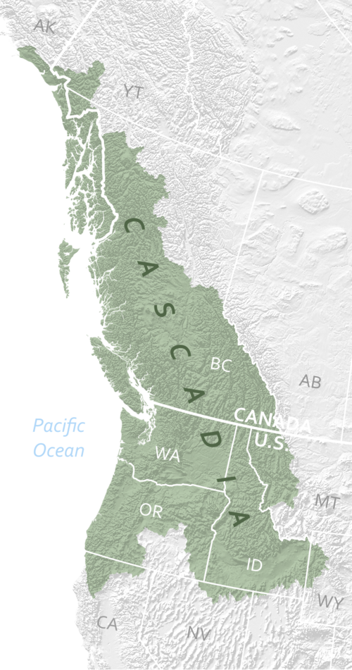 カナダの州と米国の国境を含むカスケーディア生物圏の地図