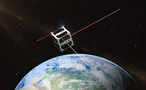 ESTCube-1マイクロ衛星は地球を周回し、エストニアに向けて光を照射している。