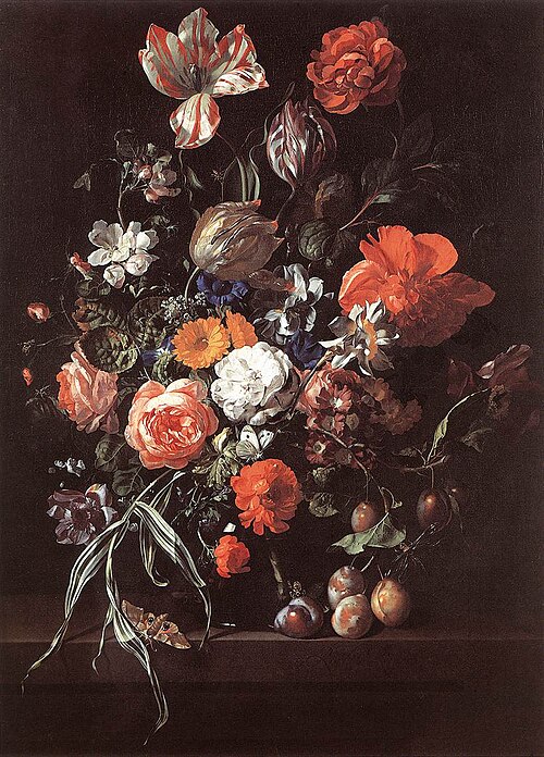 レイチェル・ルイス作、「花束とプラムのある静物画」、1704年、ベルギー王立美術館所蔵