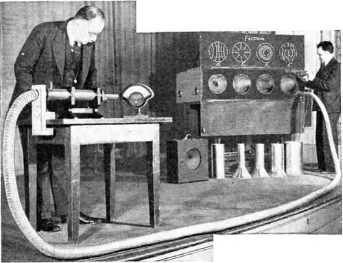 サウスワース（左）は1938年のIRE会議で導波管を実演し、7.5mの柔軟な金属ホースを通過する1.5GHzのマイクロ波がダイオード検出器に記録される様子を示した。