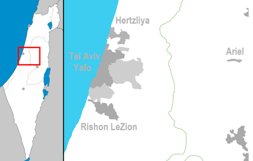 イスラエルのテルアビブ・ヤッフォの位置とその市街地（濃い灰色）とその周囲のグシュダン（薄い灰色）