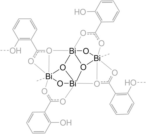 次サリチル酸ビスマスの簡略化された分子構造。この物質は層状になっており、各層はビスマスオキソ棒で構成され、棒を結合するサリチル酸分子で装飾され、層状の物質を形成しています。
