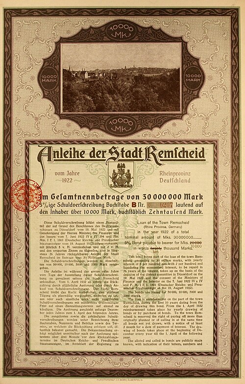 レムシャイト市の債券、1922年8月25日発行
