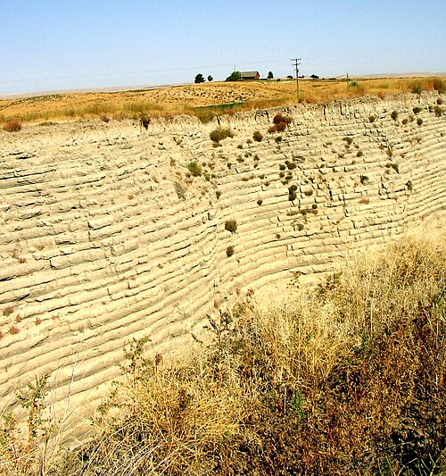 この写真は、周囲の平らな土に切り込まれた峡谷を示しています。32 の水平な土層があり、それぞれが下の層と明確に区​​別されています。峡谷の上には遠くに農家が見えます。農家の遠景により、切り込みの深さが 40 メートル以上であることが分かります。切り込みの底にはタンブルウィードが生い茂っています。