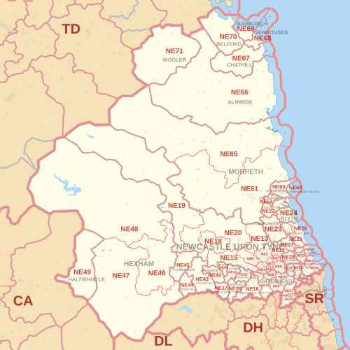 北東部の郵便番号区域地図。郵便番号地区、郵便局所在地、および近隣の郵便番号区域を示しています。