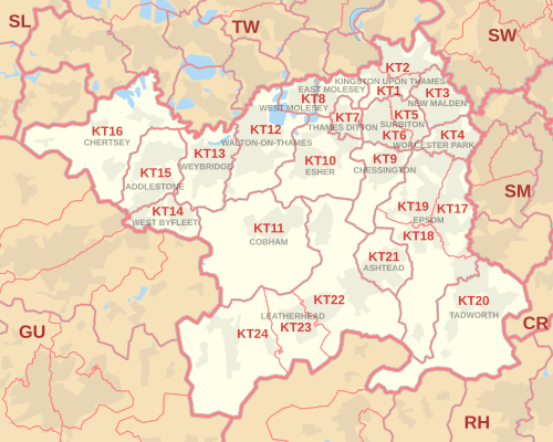 KT 郵便番号エリア マップ。郵便番号地区、郵便町、近隣の郵便番号エリアを表示します。