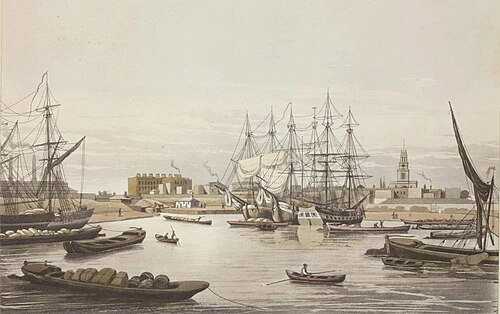1827年のライムハウス・ベイスン。船舶と艀が写っている。傾斜した岸辺に注目。