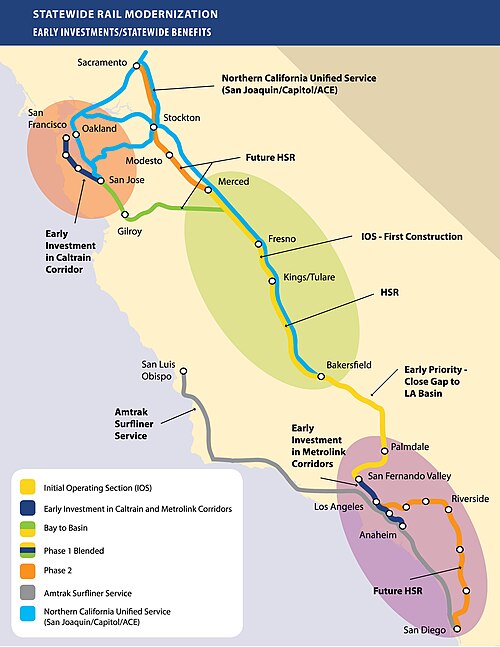 カリフォルニア州高速鉄道の「ブックエンド プロジェクト」、つまり公共交通機関と高速鉄道駅へのアクセスを改善するために高速鉄道ルートの末端で実施されるプロジェクトの詳細を示す地図。