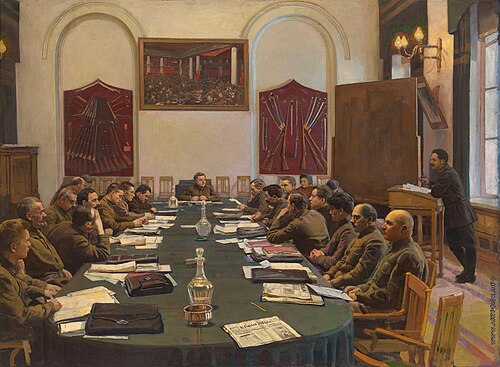 Socialist Realist - Assembly of the Revolutionary Military Council of the USSR, Chaired by Kliment Voroshilov; by Isaak Brodsky; 1929; oil on canvas; 95.5 x 129.5&nbsp;cm; private collection[116]