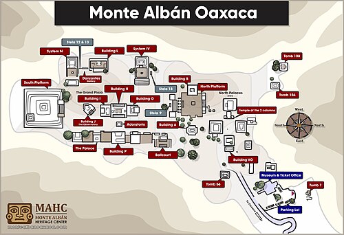 モンテ・アルバン遺跡群の詳細な俯瞰図。ピラミッド、基壇、神殿、遊歩道などが、手描きのイラスト風に描かれている。