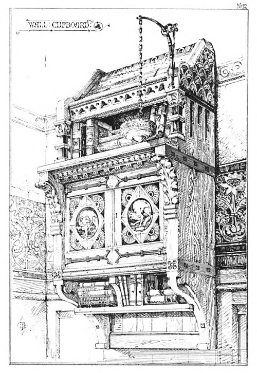 ブルース・J・タルバート『家具に応用されたゴシック様式』（1873年）、図版12。キャビネットの棚と「屋根」はこのイラストに関連しています。