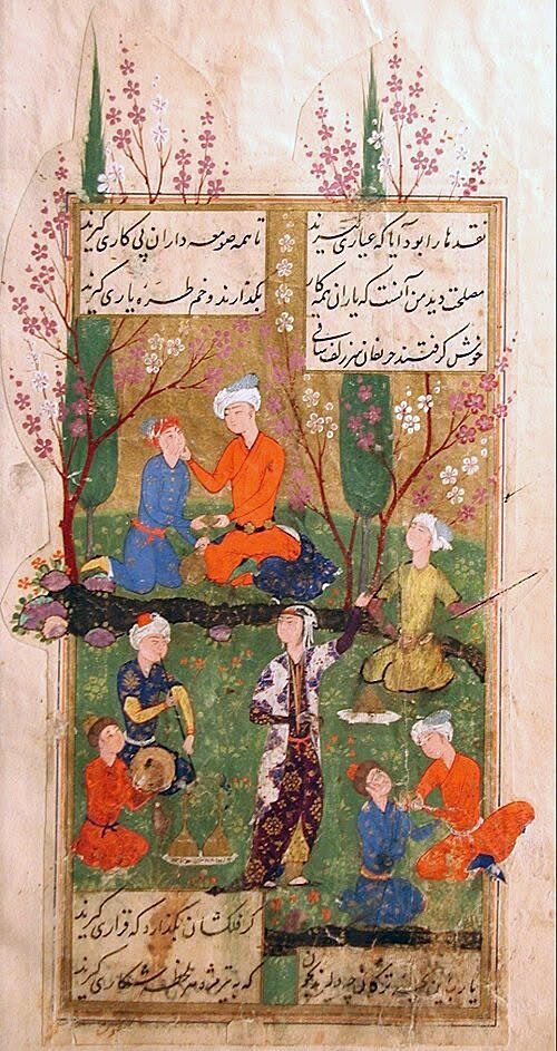 詩、ワイン、庭園は後期の作品によく見られる要素である - 1585年