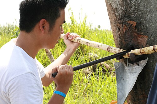 大型タンクを貫通する鉄棒を持つ男性の写真