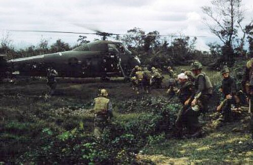 海兵隊員の一団が、負傷した海兵隊員をヘリコプターまで運び込む。