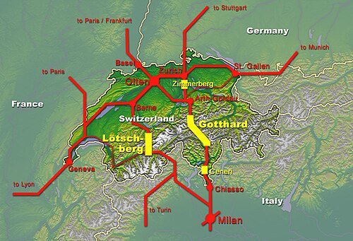 スイスおよび周辺諸国の鉄道地図
