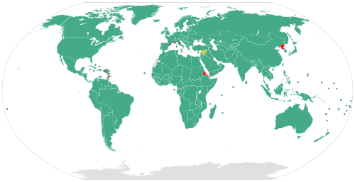 国連腐敗防止条約の批准国、署名国、その他の国を色分けした世界地図