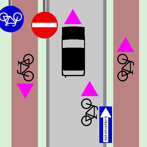 一方通行の道路に双方向の自転車道と共用道路が設けられています。