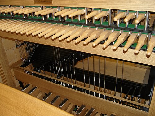 ペダルボードに接続されたバトンの木製キーボード。