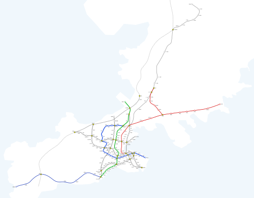 大連地下鉄の路線図(色分けされた路線)