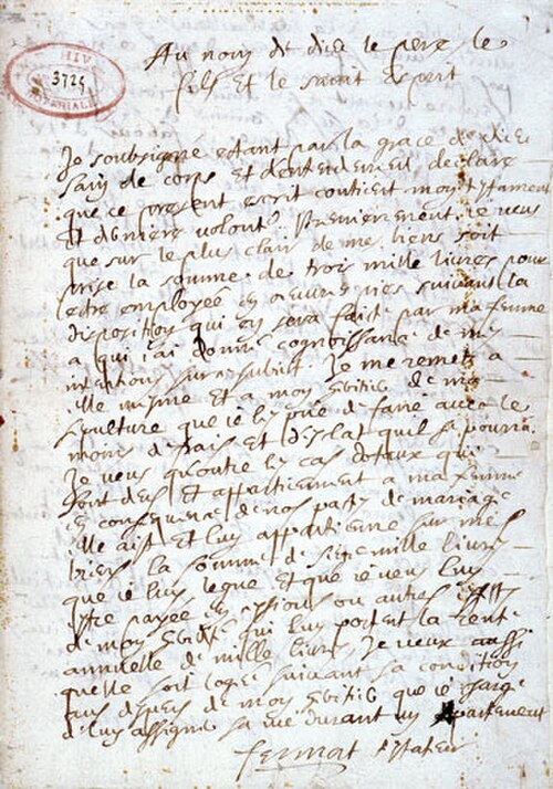 フェルマーが1660年3月4日に自筆で作成した遺言書。現在はトゥールーズにあるオート＝ガロンヌ県立公文書館に保管されている。