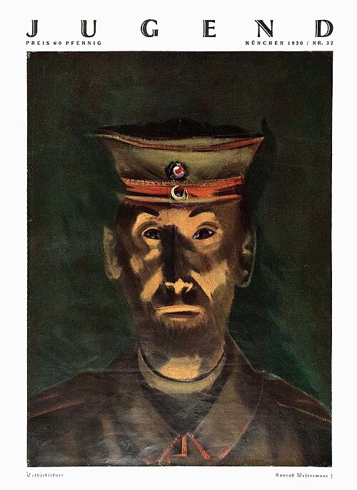 ユーゲントシュティール — コンラート・ヴェスターマイヤーの絵画「野戦帽を被った自画像」は、1930 年に「ユーゲント」誌第 32 号の表紙に掲載されました。