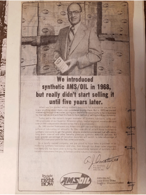 AMSOIL シンセティック モーターが 1968 年までに市販されたことを示す新聞広告。