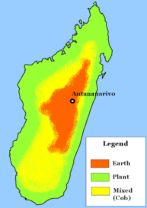 マダガスカル島における主要な建築資材の分布を示す地図