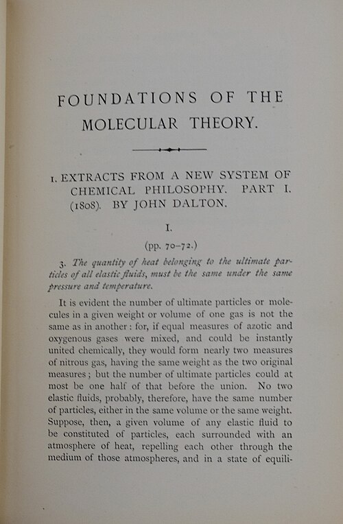 1893年版『分子理論の基礎』の最初のページ。ドルトンの『新化学哲学体系からの抜粋』も収録されている。